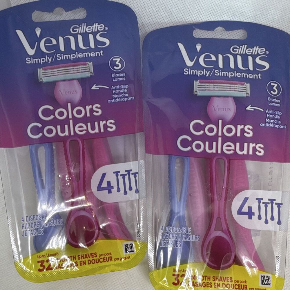Gillette Venus Simply Venus Colors Couleurs 4 Razors 3 Blades Pink Blue 2pk